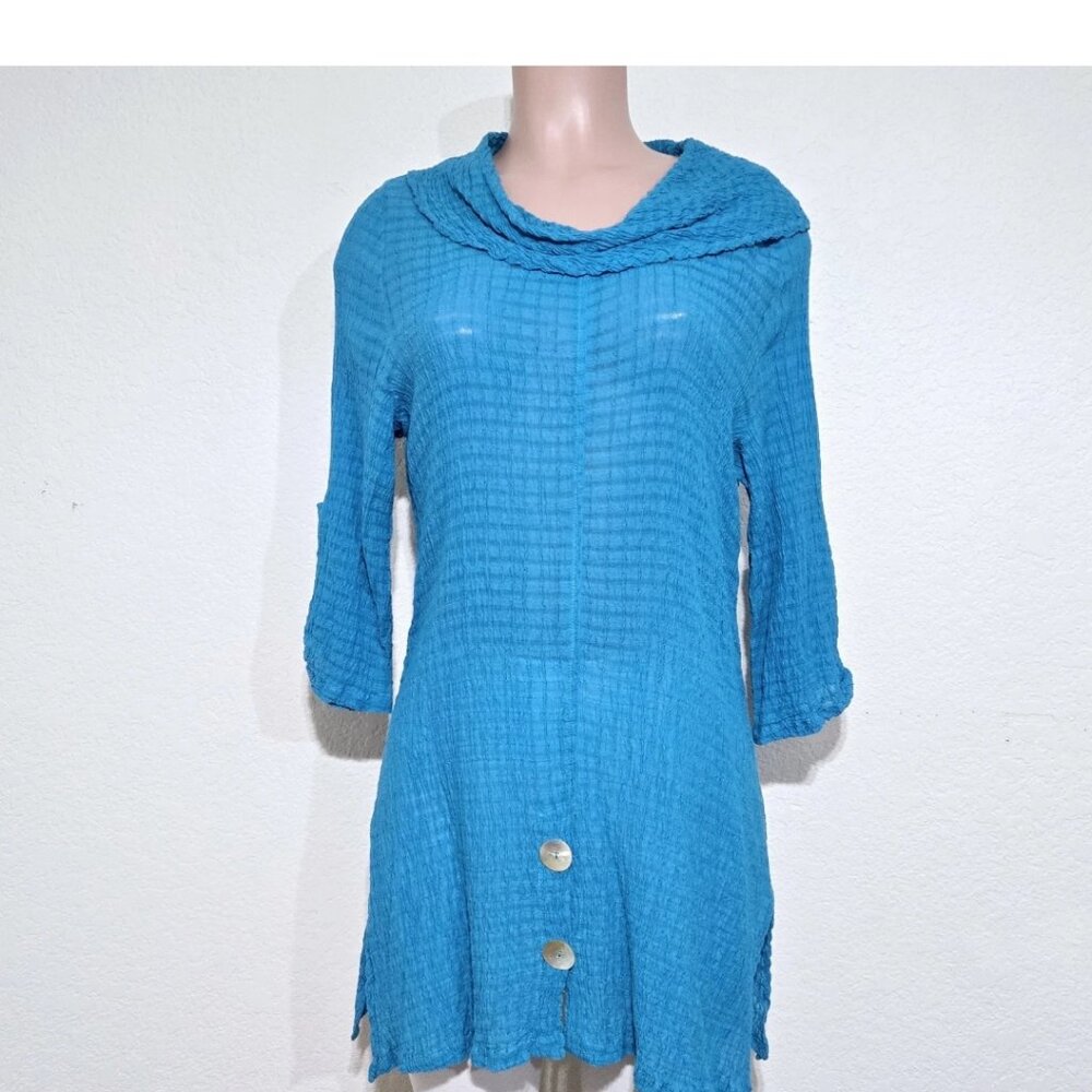 Soft Surroundings Crinkle Gauze Tunic Top Turquoise 3/4 Roll Tab Slv
